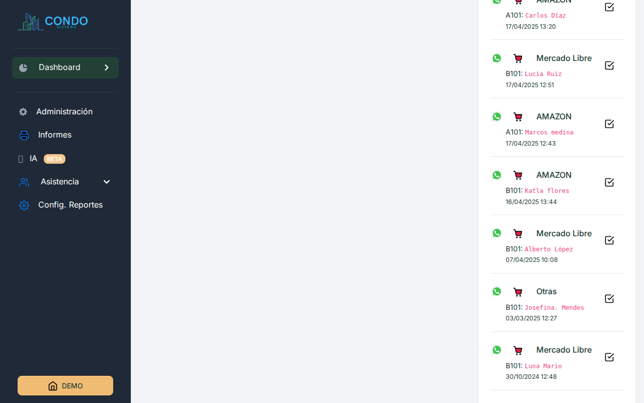 Dashboard — sección paquetería